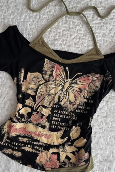 Siyah Butterfly Madonna Yaka Ek Askılı Y2K Kısa Kollu Full Body Crop