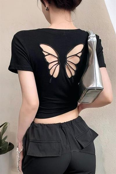 Siyah Butterfly Sırt Dekolteli Gotik Y2K Kısa Kollu Crop