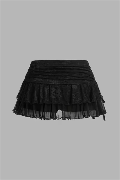 Siyah Büzgülü Dantelli Tül Detaylı  Fiyonklu Şortlu Y2K Etek