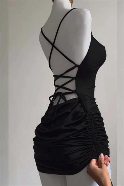 Siyah Büzgülü Sırt İpli & Dekolteli Askılı Gotik Y2K Elbise