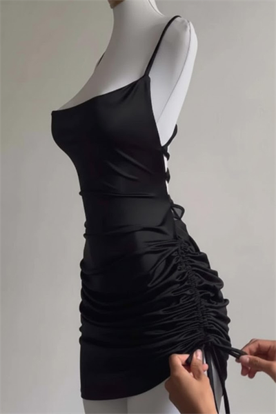 Siyah Büzgülü Sırt İpli & Dekolteli Askılı Gotik Dalgıç Kumaş Grunge Y2K Elbise