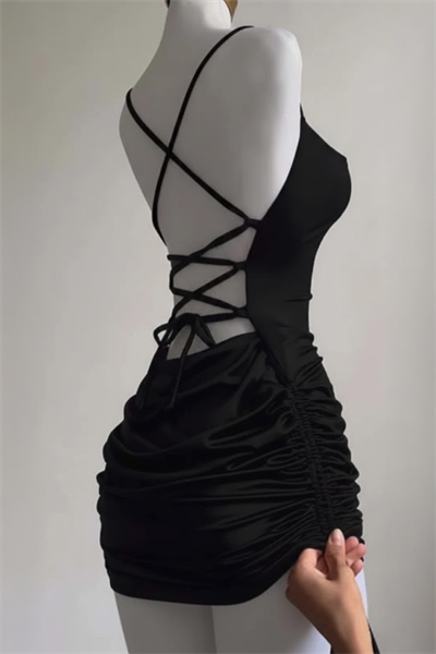 Siyah Büzgülü Sırt İpli & Dekolteli Askılı Gotik Dalgıç Kumaş Grunge Y2K Elbise