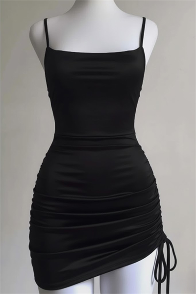 Siyah Büzgülü Sırt İpli & Dekolteli Askılı Gotik Dalgıç Kumaş Grunge Y2K Elbise