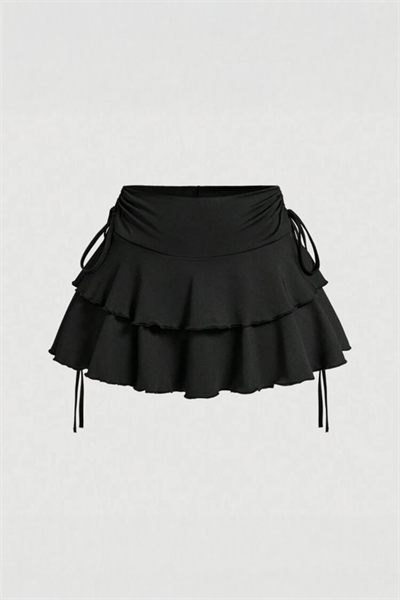 Siyah Büzgülü Skort Şortlu Y2K Etek