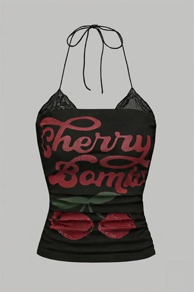 Siyah Cherry Bomb Dantelli Ek Y2K Askılı Crop