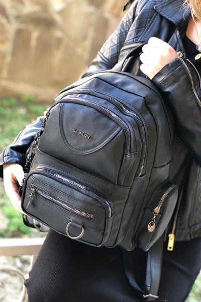 Siyah Çok Gözlü Cepli Yıkama Deri Sırt Çantası