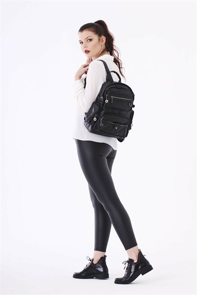 Siyah Çok Gözlü Yıkama Deri Sırt Çantası