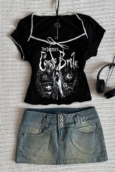 Siyah Corpse Bride Dikiş Detaylı Kurdeleli Y2K Kısa Kollu Crop