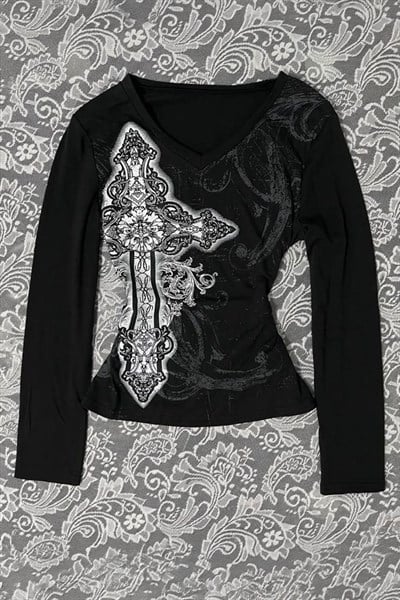 Siyah Cross Motifli Gotik Y2K Uzun Kollu Crop
