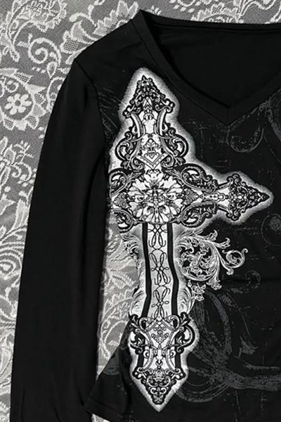 Siyah Cross Motifli Gotik Y2K Uzun Kollu Crop