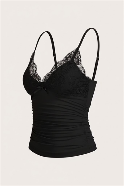 Siyah Dantel Detaylı Fiyonklu Y2K Askılı Crop