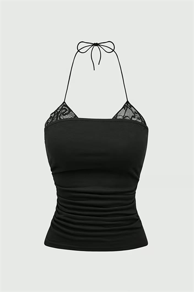 Siyah Dantel Ekli Bağlamalı Y2K Askılı Crop