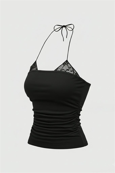 Siyah Dantel Ekli Bağlamalı Y2K Askılı Crop