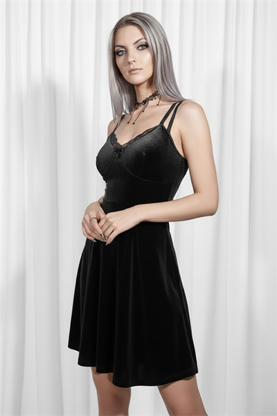 Siyah Dantel Yaka Fiyonklu Gotik Kadife Elbise