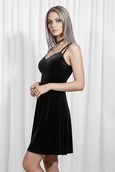 Siyah Dantel Yaka Fiyonklu Gotik Kadife Elbise