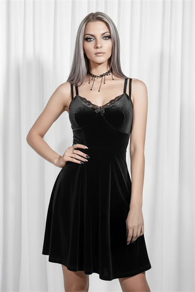 Siyah Dantel Yaka Fiyonklu Gotik Kadife Elbise