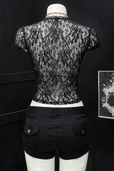 Siyah Dantelli Bağlamalı Bolero Y2K Kısa Kollu Crop