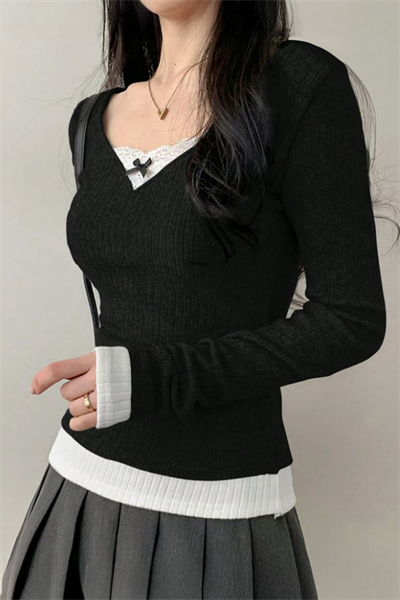 Siyah Dantelli Fiyonklu Ekli Y2K Uzun Kollu Crop 