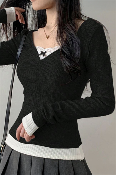 Siyah Dantelli Fiyonklu Ekli Y2K Uzun Kollu Crop 