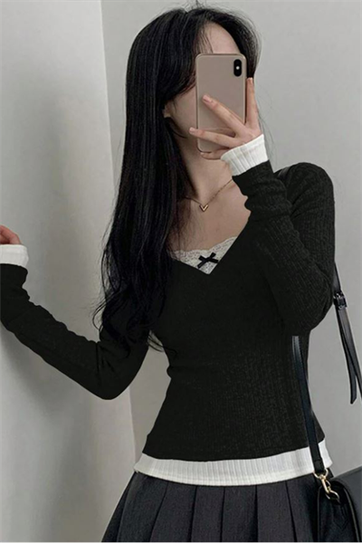 Siyah Dantelli Fiyonklu Ekli Y2K Uzun Kollu Crop 