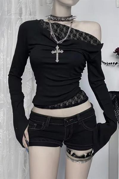 Siyah Dantelli Gotik Omuz Dekolteli Y2K Uzun Kollu Crop