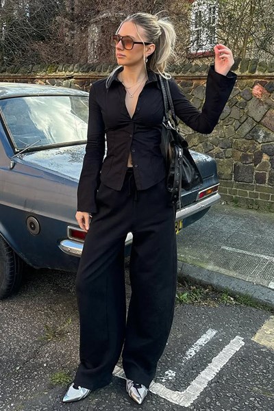 Siyah Dar Kesim İspanyol Kol Poplin Y2K Gömlek