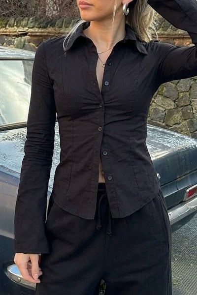 Siyah Dar Kesim İspanyol Kol Poplin Y2K Gömlek