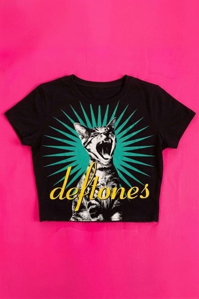 Siyah Deftones Cat Print Gotik Y2K Kısa Kollu Crop