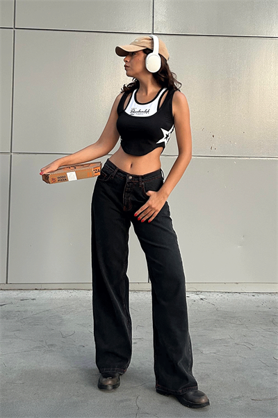 Siyah Double Fire Skull Kırmızı Dikişli Harajuku Baggy Pantolon