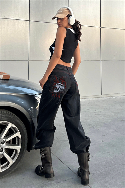 Siyah Double Fire Skull Kırmızı Dikişli Harajuku Baggy Pantolon