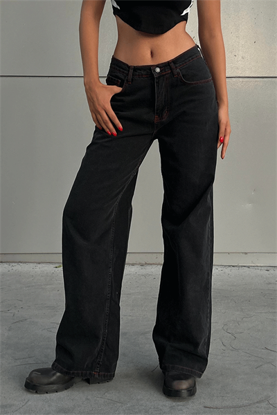 Siyah Double Fire Skull Kırmızı Dikişli Harajuku Baggy Pantolon