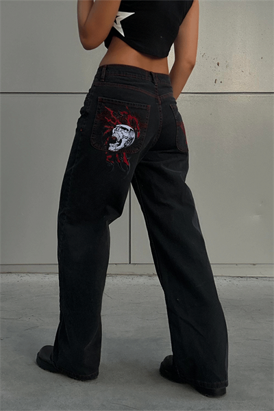 Siyah Double Fire Skull Kırmızı Dikişli Harajuku Baggy Pantolon