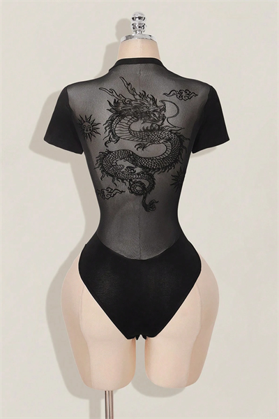 Siyah Dragon Baskılı Sırtı Transparan Kısa Kollu Çıtçıtlı Body
