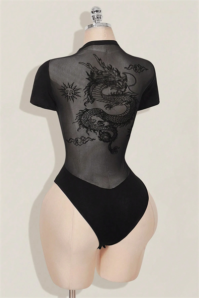 Siyah Dragon Baskılı Sırtı Transparan Kısa Kollu Çıtçıtlı Body