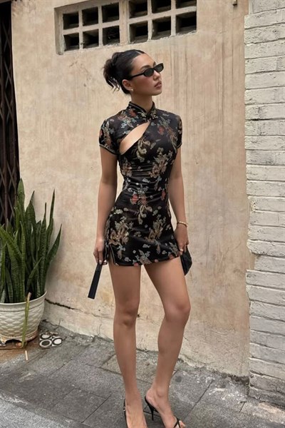 Siyah Dragon Desenli Qipao Y2K Elbise 