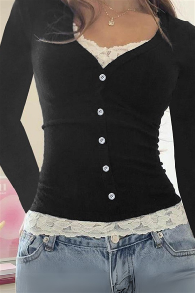 Siyah Düğmeli Dantel Yaka Ve Bel Detaylı Y2K Uzun Kollu Crop