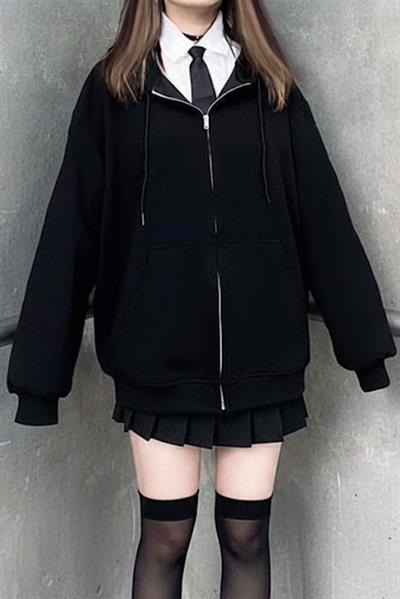 Siyah Düz Oversize Kalın Kapüşonlu Unisex Hırka   