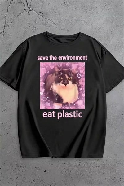 Siyah Eat Plastic Cat Memae Unisex T-Shirt