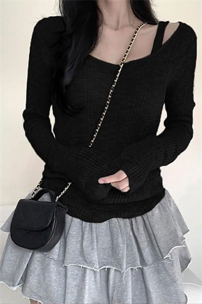 Siyah Ek Askılı Madonna Yaka Grunge Y2K Uzun Kollu Crop