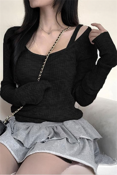 Siyah Ek Askılı Madonna Yaka Grunge Y2K Uzun Kollu Crop