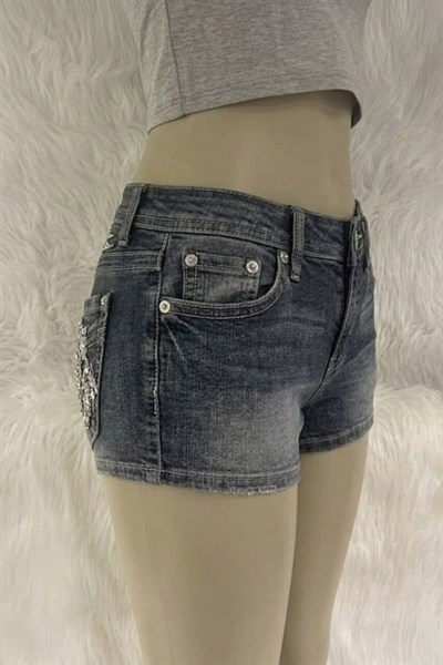 Siyah Eskitme Taşlı Chopper Y2K Kot Mini Şort