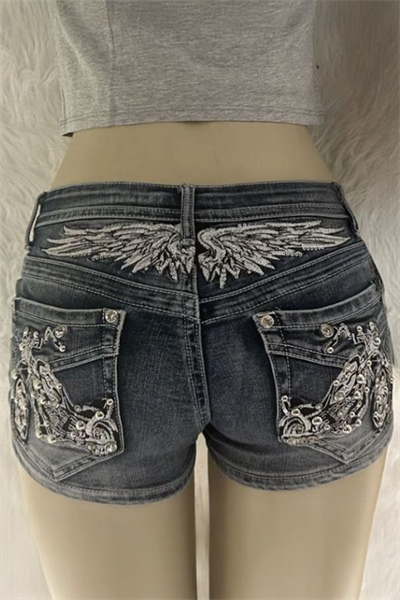 Siyah Eskitme Taşlı Chopper Y2K Kot Mini Şort