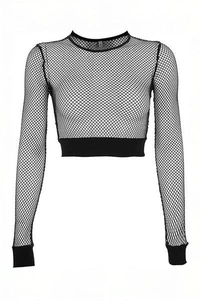 Siyah Fileli Lastik Detaylı Y2K Crop Uzun Kollu 