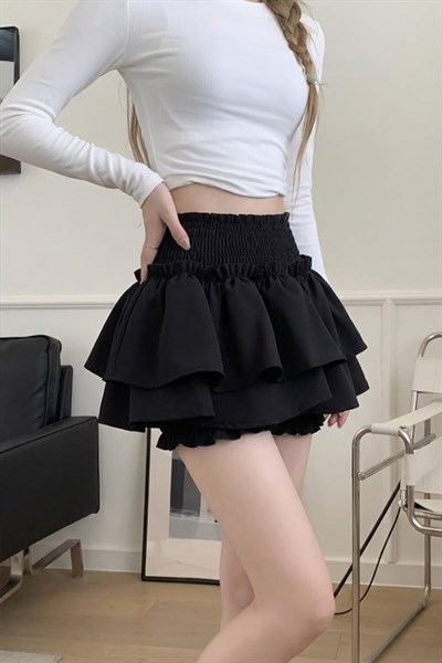 Siyah Fırfırlı Belli Katlı Şortlu Grunge Y2K Mini Etek