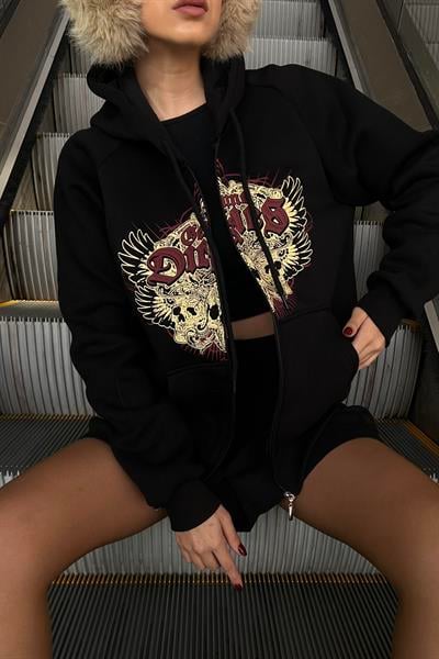 Siyah Gennine Dicries Skulls Kapüşonlu Unisex Hırka