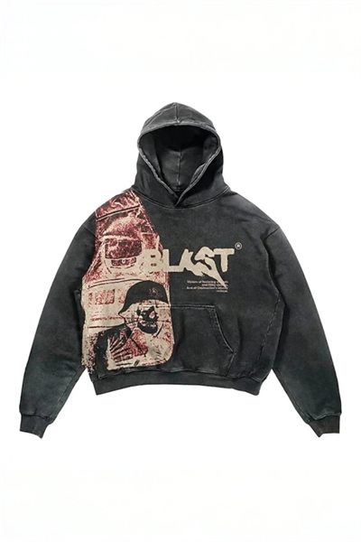 Siyah Ghost Blast Yıkamalı Kumaş Kapüşonlu Unisex Sweatshirt