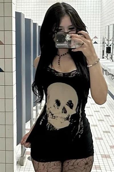 Siyah Gotik Skull Askılı Elbise