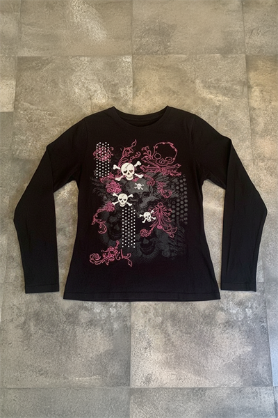 Siyah Gothic Skulls Full Body Y2K Uzun Kollu Crop