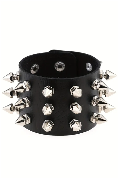 Siyah Gotik 3 Şerit Dikenli Detaylı Deri Bileklik