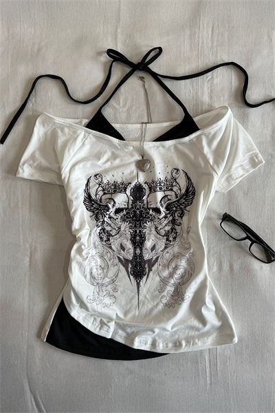 Beyaz Gotik Aesthetic Skulls Cross Ekli Bağlamalı Y2K Kısa Kollu Crop